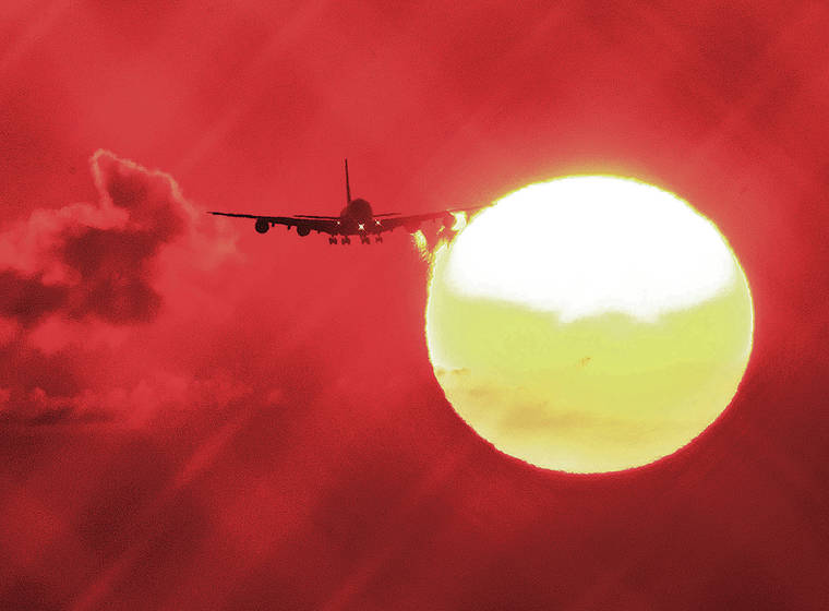 ASSOCIATED PRESS / 2019
                                A photon’s transit from the center of the sun outward into space takes tens of thousands of years, but it requires only a few minutes to reach Earth once it emerges. An airplane is juxtaposed with the rising sun.