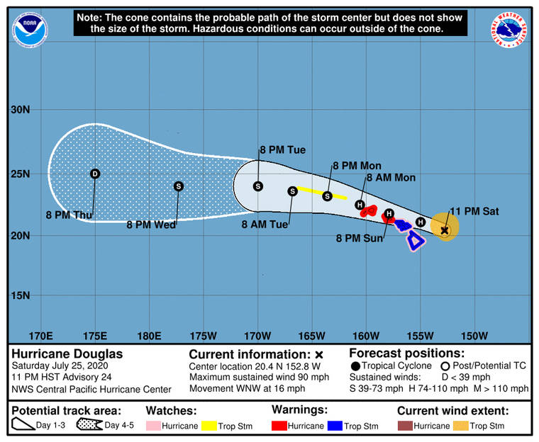 COURTESY CENTRAL PACIFIC HURRICANE CENTER Hurricane Douglas forecast map as of 11 p.m. Saturday.