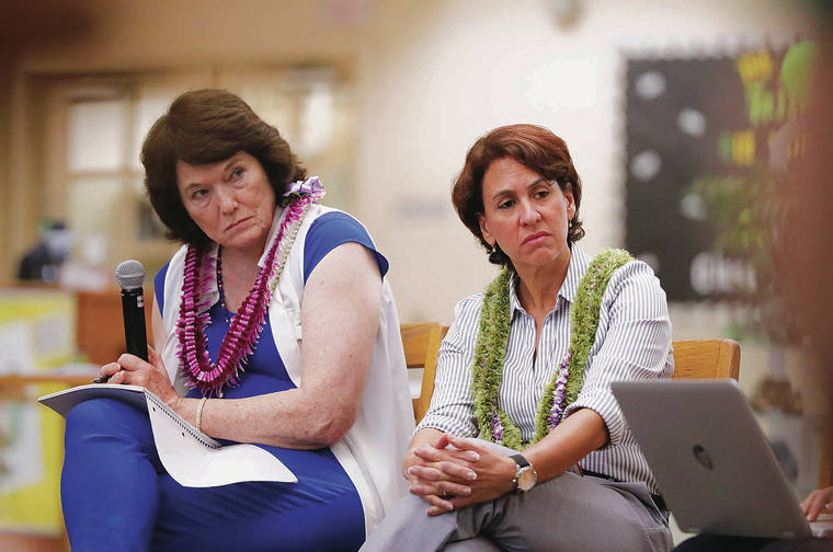 JAMM AQUINO / JUNE 24, 2019
                                Board of Education Chairwoman Catherine Payne, left, and schools Superintendent Christina Kishimoto were part of a news conference Monday discussing the reopening of schools. Public schools open Aug. 4.