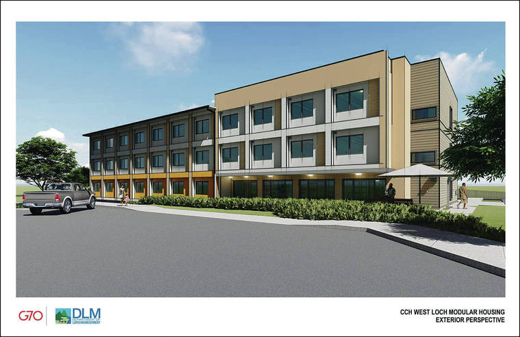 COURTESY RENDERING
                                Units at the state’s first “stacked” modular complex will be available for rent in April. City officials broke ground Thursday.