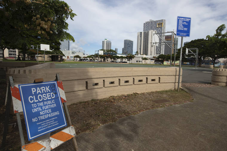 GEORGE F. LEE / AUG. 21
                                An empty park and playground at Mother Waldron Park in Kakaako. <a href="https://www.staradvertiser.com/2020/08/25/hawaii-news/confusion-continues-regarding-gathering-restrictions-on-oahu/" target="_self">Confusion continues regarding new gathering restrictions on Oahu</a> aimed to curb the spread of COVID-19.