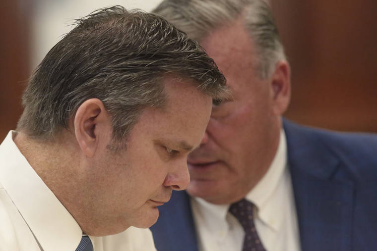 ASSOCIATED PRESS
                                Chad Daybell, left, confers with defense attorney John Prior during a preliminary hearing in St. Anthony, Idaho, today. Daybell, 52, is charged with concealing evidence by destroying or hiding the bodies of 7-year-old Joshua “JJ” Vallow and 17-year-old Tylee Ryan at his eastern Idaho home.