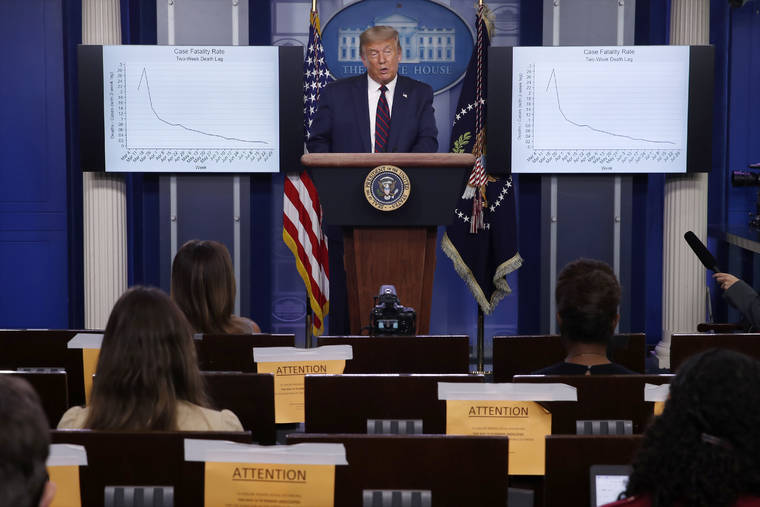 ASSOCIATED PRESS
                                President Donald Trump spoke during a briefing with reporters in the James Brady Press Briefing Room of the White House, Tuesday, Aug. 4, 2020, in Washington.