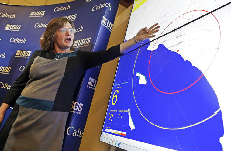ASSOCIATED PRESS
                                Seismologist Dr. Lucy Jones, describes how an early warning system would provide advance warning of an earthquake at a news conference at the California Institute of Technology in Pasadena, Calif., in 2013.