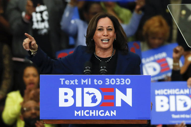 ASSOCIATED PRESS
                                Sen. Kamala Harris, D-Calif., speaks at a campaign rally for Democratic presidential candidate former Vice President Joe Biden at Renaissance High School in Detroit on March 9.