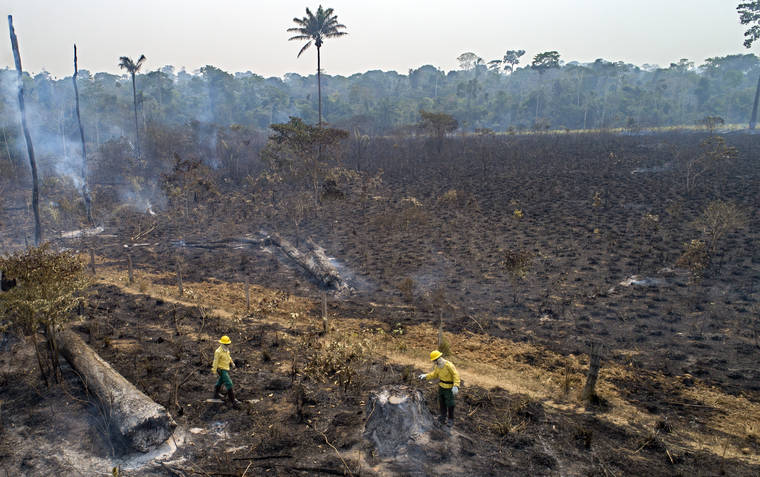 ASSOCIATED PRESS
                                Workers from Brazil’s state-run environment agency IBAMA check an area consumed by fire near Novo Progresso, Para state, Brazil. Experts say the blazes are pushing the world’s largest rainforest toward a tipping point, after which it will cease to generate enough rainfall to sustain itself.