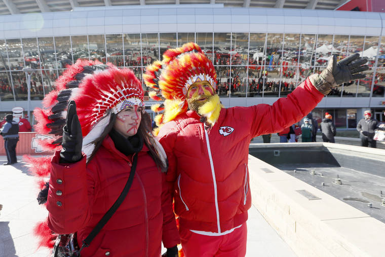 ASSOCIATED PRESS
                                Kansas City Chiefs fans arrive before the NFL AFC Championship football game against the Tennessee Titans in Kansas City, Mo., in January. The Chiefs will prohibit the wearing of Native American headdresses, face paint and clothing at Arrowhead Stadium and are discussing the future of the iconic tomahawk chop as they address what many consider racist imagery associated with their franchise.