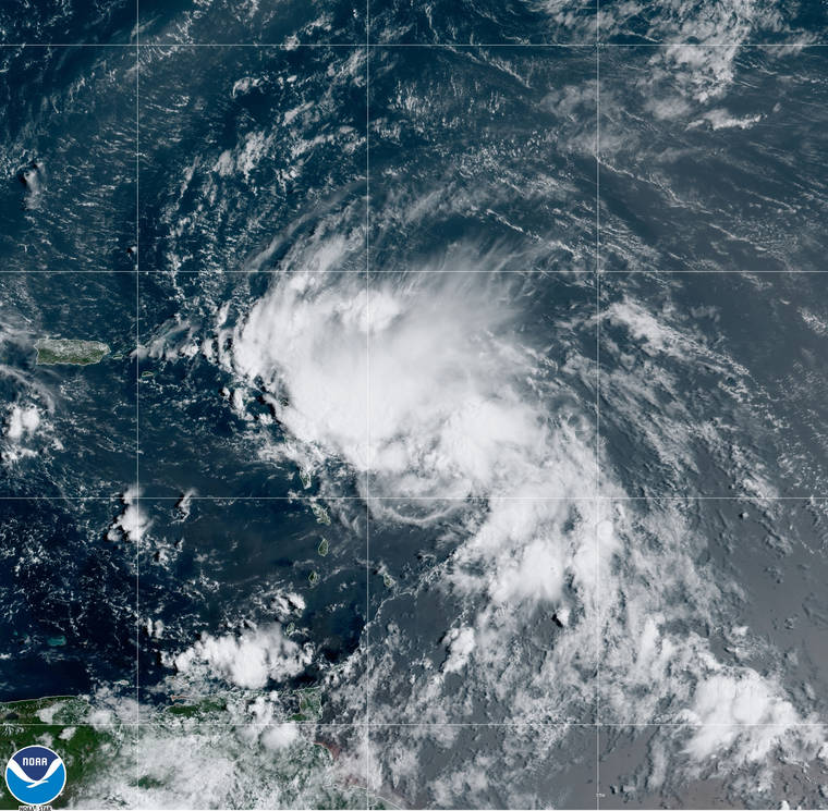 NOAA VIA ASSOCIATED PRESS
                                Tropical Storm Laura in the North Atlantic Ocean, as seen in a satellite image today. Laura formed today in the eastern Caribbean and forecasters said it poses a potential hurricane threat to Florida and the U.S. Gulf Coast. A second storm also may hit the U.S. after running into Mexico’s Yucatan Peninsula.
