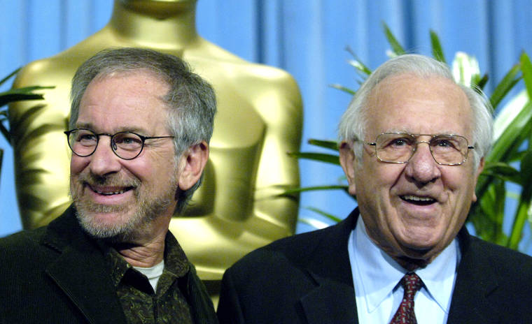 ASSOCIATED PRESS
                                Steven Spielberg, nominated for best director for his work on “Munich,” left, arrives with his father Arnold for the 25th annual nominees luncheon hosted by the Academy of Motion Picture Arts and Sciences in Beverly Hills, Calif., in 2006. Arnold Spielberg, a pioneering computer engineer, died Tuesday in Los Angeles at 103.