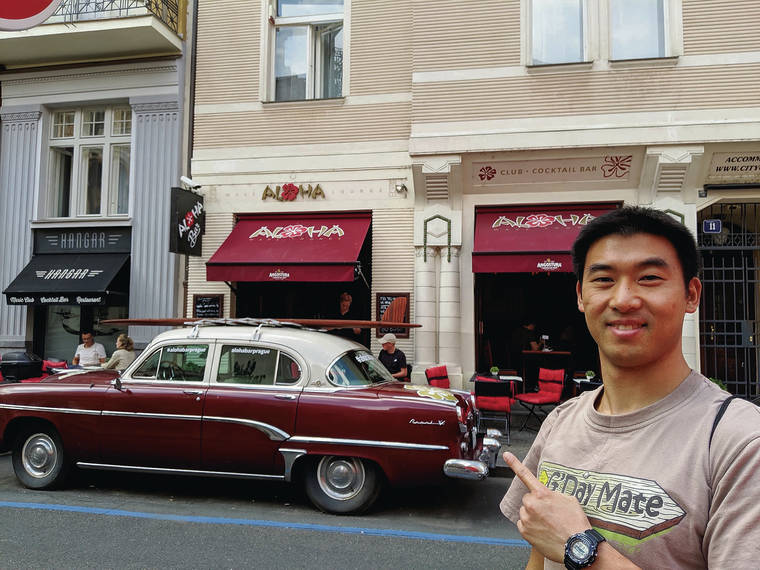 Nate Yang of Honolulu said it was cool surprise to find the Aloha Bar in the middle of Prague, Czech Republic, late last year. Photo by Emily Yang.