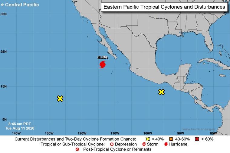 NATIONAL HURRICANE CENTER
                                This map shows Hurricane Elida off the Baja California Peninsula and the location of another system (marked with a yellow X on the lower left) about 1,900 miles east-southeast of Hilo that may form into a tropical cyclone later this week.