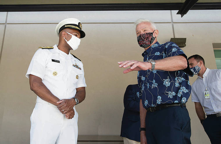 CINDY ELLEN RUSSELL / CRUSSELL@STARADVERTISER.COM
                                Honolulu Mayor Kirk Caldwell spoke with U.S. Surgeon General Jerome Adams on Tuesday before announcing the new stay-at-home, work-from-home order for Oahu.