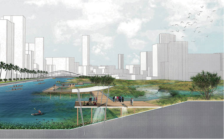 COURTESY CHIP FLETCHER
                                A conceptual rendering shows a proposal to convert the Ala Wai Golf Course into wetlands. It features an elevated pedestrian promenade along the mauka edge of the Ala Wai Canal.
