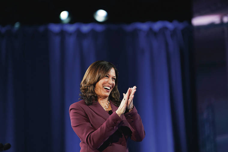 NEW YORK TIMES
                                Sen. Kamala Harris of California accepted her party’s vice-presidential nomination on Wednesday’s Democratic National Convention wearing a double-breasted, broad-shouldered burgundy jacket with slightly flared trousers.
