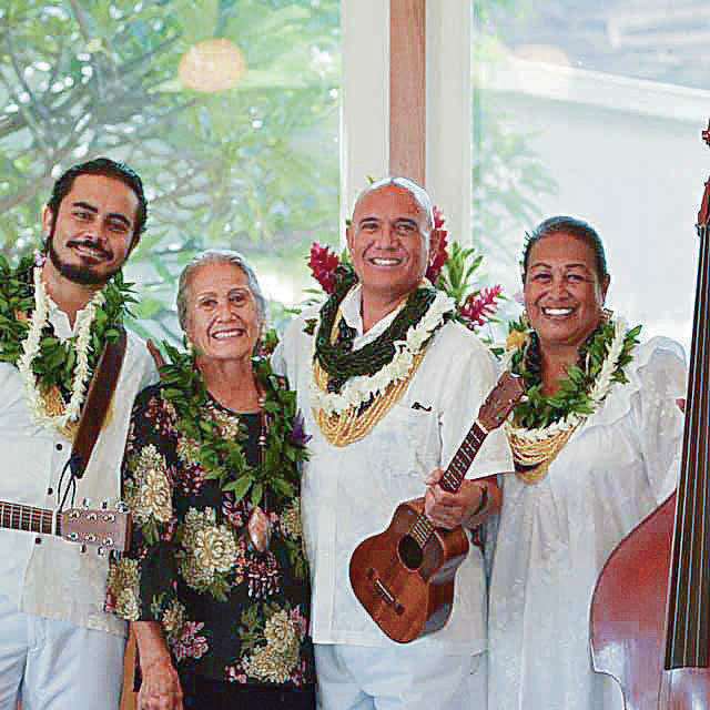 COURTESY KIMO KEAULANA
                                Frank E.K. Damas, Aletha “Puna” Goodwin Kaohi, Kimo Alama Keaulana and Mamo Wassman performed at the Hanapepe Hawaiian Church in October 2018.