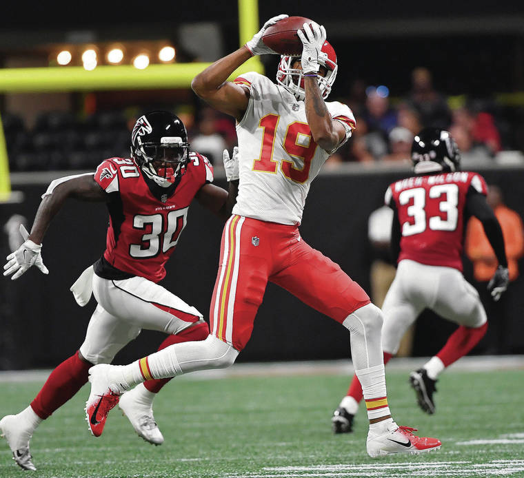 ASSOCIATED PRESS
                                Chiefs wide receiver Marcus Kemp made a catch against the Atlanta Falcons during an NFL preseason game in Atlanta in 2018.