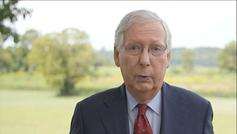 COURTESY OF THE COMMITTEE ON ARRANGEMENTS FOR THE 2020 REPUBLICAN NATIONAL COMMITTEE VIA AP
                                In this image from video, Senate Majority Leader Mitch McConnell of Ky., speaks during the fourth night of the Republican National Convention.