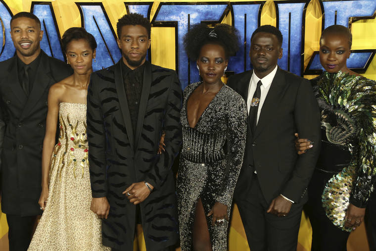 INVISION/AP
                                Actors Michael B. Jordan, Leitia Wright, Chadwick Boseman, Lupita Nyong’o, Daniel Kaluuya and Danai Gurira pose for photographers upon arrival at the premiere of the film “Black Panther” in London on Feb. 8, 2018.