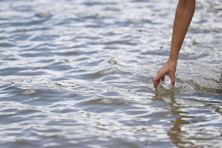 CINDY ELLEN RUSSELL / CRUSSELL@STARADVERTISER.COM
                                Christina Comfort, the Surfrider Foundation’s co-chair of the Oahu Chapter’s Blue Water Task Force, collects samples of ocean water for bacterial lab testing at Haleiwa Beach Park on June 30, 2019.