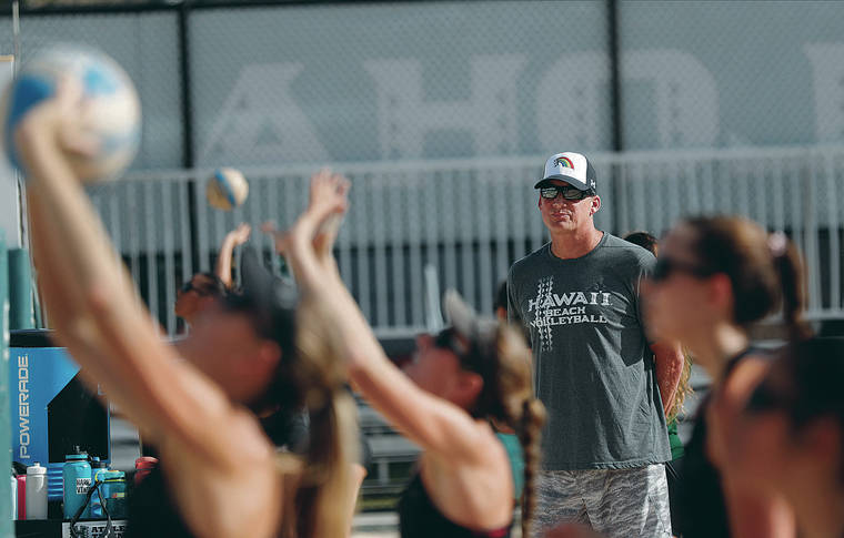 JAMM AQUINO / JAQUINO@STARADVERTISER.COM 
                                University of Hawaii beach volleyball coach Jeff Hall watched a SandBows practice on Jan. 30 at UH’s Ching Athletic Complex in Manoa.