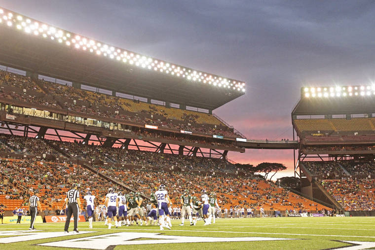 JAMM AQUINO / SEPT. 2, 2017
                                The University of Hawaii football team is planning a 10-game schedule beginning Sept. 26 this fall under an “adjusted” framework announced today by the Mountain West Conference. Here, the sun sets during the first half of a college football game between the Rainbow Warriors and the Western Carolina Catamounts on Sept. 2, 2017 at Aloha Stadium.