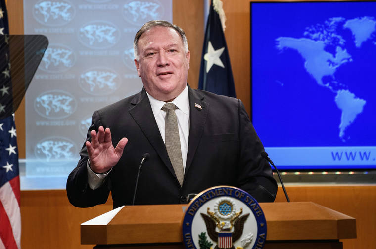 NICHOLAS KAMM/POOL VIA ASSOCIATED PRESS
                                Secretary of State Mike Pompeo spoke during a news conference, Wednesday, at the State Department in Washington.