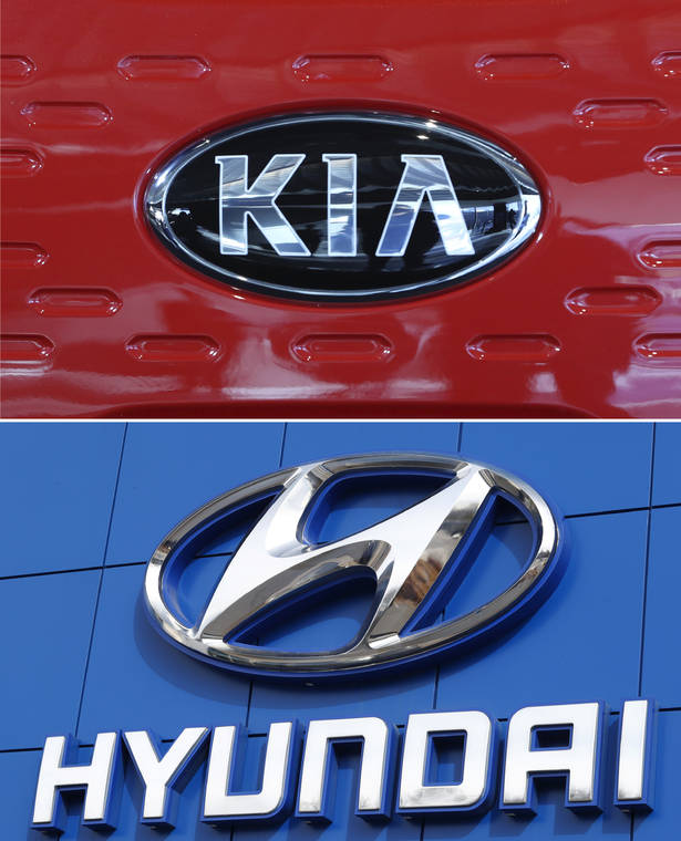 AP / 2017 and 2018
                                FILE- This combination of file photos shows the logo of Kia Motors during an unveiling ceremony in Seoul, South Korea, top, and a Hyundai logo on the side of a showroom on the south Denver suburb of Littleton, Colo., bottom. The Korean automakers are recalling over 591,000 vehicles in the U.S. to fix a brake fluid leak that could cause engine fires.