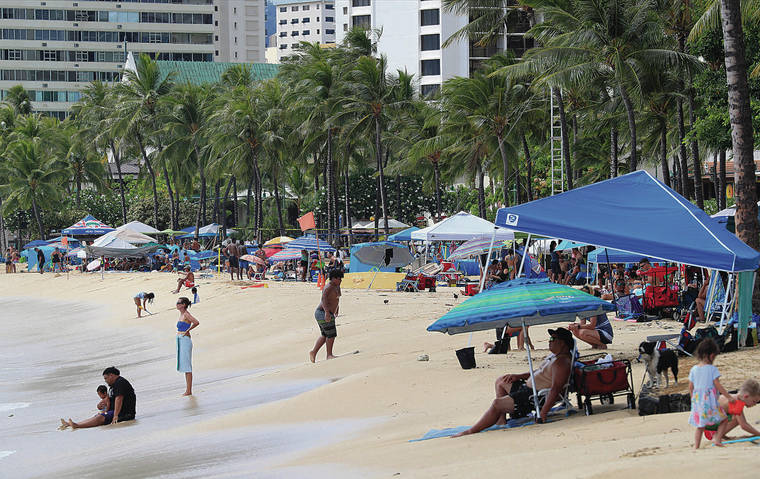 JAMM AQUINO / JAQUINO@STARADVERTISER.COM
                                Large gatherings on the Memorial Day and Fourth of July holidays were suspected of increasing COVID-19 cases across the country. Above, tents lined the beach’s edge on July 3 at Kapiolani Park in Waikiki.