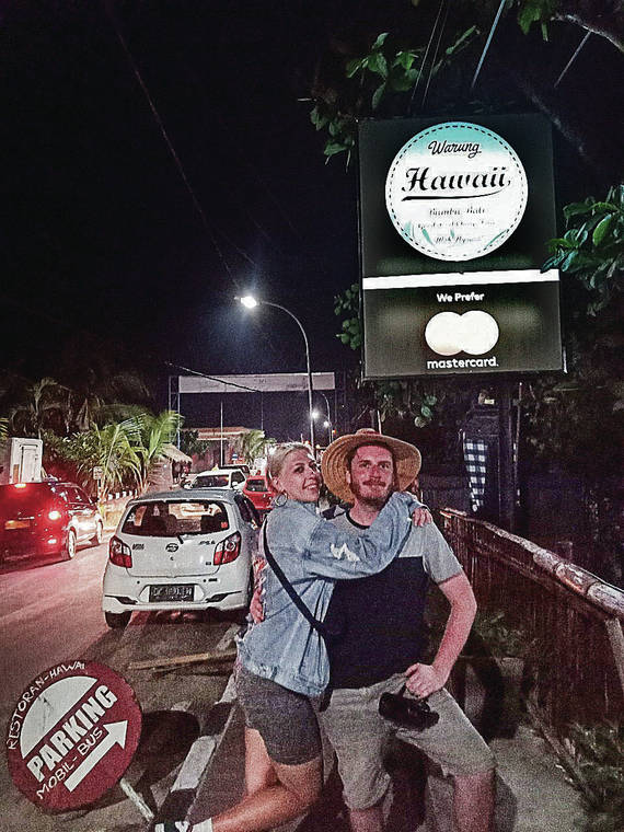Tommy Driskill and Elena Tkachevh spotted a sign of home while on a trip to celebrate Tommy’s 30th birthday in Jimbaran Beach, Bali, in Febuary. Photo by Thomas Driskill.