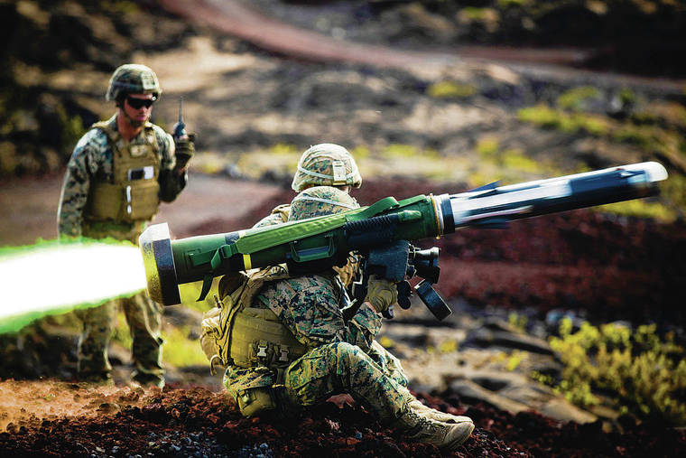 COURTESY LANCE CPL. JACOB WILSON / U.S. MARINE CORPS / MAY 15, 2019
                                A Hawaii-based Marine fires a shoulder-fired Javelin missile during Exercise Bougainville II on Range 20A, Pohakuloa Training Area, Hawaii island. Bougainville II is the second phase of pre-deployment training conducted by the battalion in order to enhance unit cohesion and combat readiness.