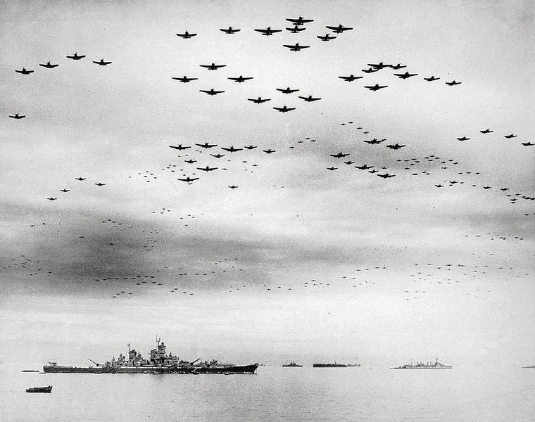 COURTESY US NAVY
                                Following the 20-minute surrender ceremony, over 900 American planes flew over the USS Missouri in a show of strength.