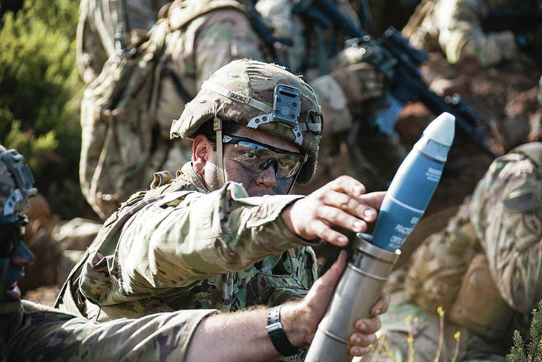 U.S. ARMY PHOTO
                                A mortarman with the 2nd Squadron, 14th Cavalry Regiment, 2nd Infantry Brigade Combat Team, 25th Infantry Division, loaded a round during a fire support coordination exercise on Nov. 19, 2019, at Pohakuloa Training Area on Hawaii island.