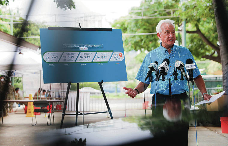 JAMM AQUINO / JAQUINO@STARADVERTISER.COM
                                Mayor Kirk Caldwell provided an update on Oahu’s recovery and progress into Tier 2 during a news conference Thursday at the Waikiki Shell.