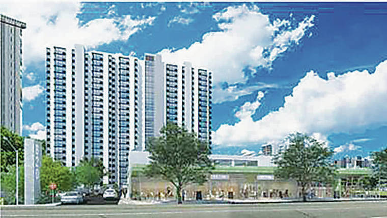 COURTESY PHOTO
                                A rendering of the $137 million project that DHHL hopes will be completed by mid-2024. The 210-foot tower will have 270 apartments. Plans also include seven townhomes and 4,680 square feet of retail space fronting Isenberg Street.