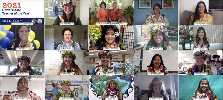 COURTESY STATE DEPARTMENT OF EDUCATION
                                Hawaii’s Teacher of the Year ceremony, normally held at Washington Place, was held virtually, as seen in this screenshot of the finalists. Shown with top teachers are 2020 Teacher of the Year Cecilia Chung, top row, left, First Lady Dawn Amano-Ige and Gov. David Ige and state Schools Superintendent Christina Kishimoto. 2021 Teacher of the Year Lori Kwee is pictured in the second row, at right.