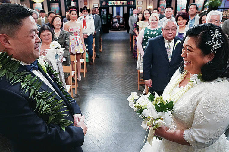 COURTESY NBC
                                Kaliko Kauahi, who stars as Sandra in “Superstore,” is pictured in last season’s wedding scene — complete with maile and pikake lei — with Chris Grace (Jerry). The actress draws from her Hawaii upbringing to play her character.