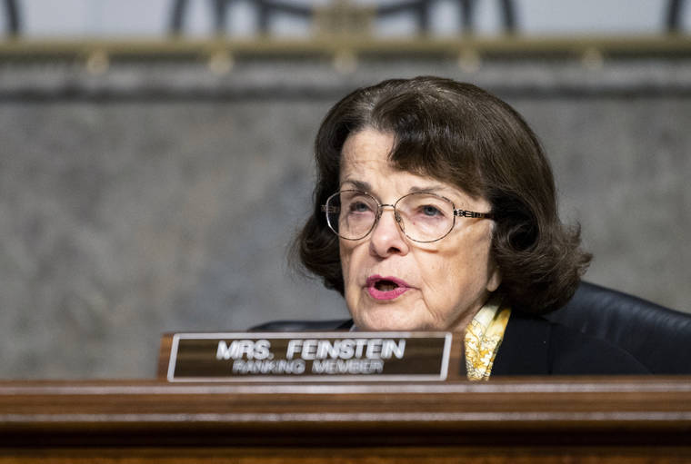 ASSOCIATED PRESS
                                Sen. Dianne Feinstein, D-Calif., questions Mark Zuckerberg, Chief Executive Officer of Facebook, and Jack Dorsey, Chief Executive Officer of Twitter, during the Senate Judiciary Committee hearing on Facebook and Twitter’s actions around the closely contested election, Tuesday.