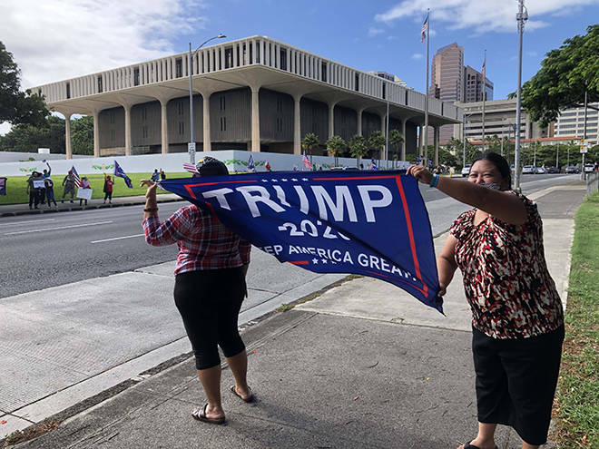 CRAIG T. KOJIMA / CKOJIMA@STARADVERTISER.COM
                                Supporters of President Donald Trump protested today outside the State Capitol after major news outlets declared former Vice President Joe Biden the winner of the 2020 presidential election.