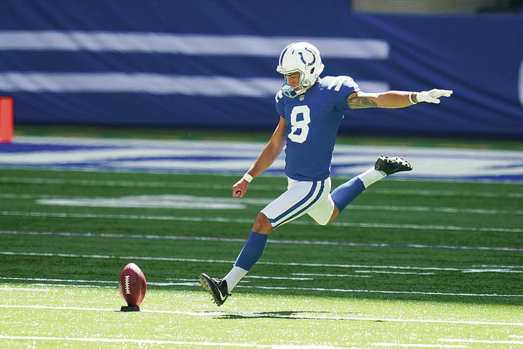 ASSOCIATED PRESS
                                Former University of Hawaii kicker/punter Rigoberto Sanchez kicked off for the Indianapolis Colts against the Minnesota Vikings on Sept. 20 in Indianapolis.