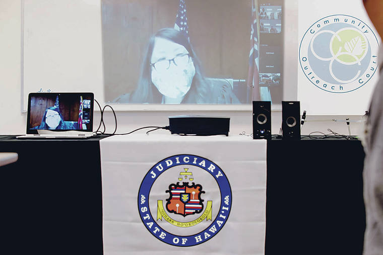 CINDY ELLEN RUSSELL / CRUSSELL@STARADVERTISER.COM
                                Judge Darolyn Lendiois projected on the screen at Community Outreach Court in Maili on Friday.