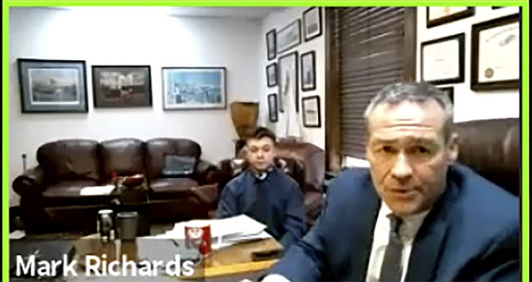 ASSOCIATED PRESS
                                In this screen grab from live stream video, Kyle Rittenhouse, left, appears with his attorney, Mark Richards during a hearing at Kenosha County Court in Kenosha, Wis., today. A court commissioner has ruled that there is sufficient evidence to warrant a trial for the Illinois teenager accused of killing two men during an August protest in Wisconsin. Today’s ruling by Kenosha County Circuit Court Commissioner Loren Keating came after a contentious hearing during which Rittenhouse’s attorney sought to show that the teen had acted in self-defense.