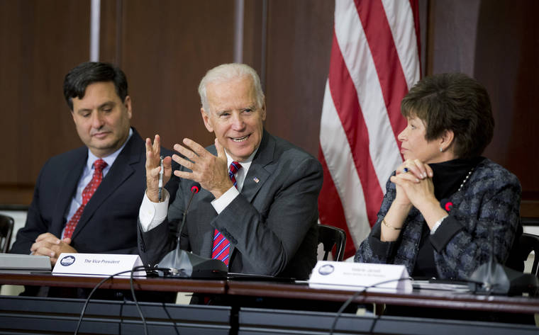 ASSOCIATED PRESS
                                Vice President Joe Biden, with Ebola Response Coordinator Ron Klain, left, and White House Senior Adviser Valerie Jarrett, meets with faith and humanitarian groups as part of the administration’s response to Ebola in the Eisenhower Executive Office Building on the White House compound in Washington in 2014.