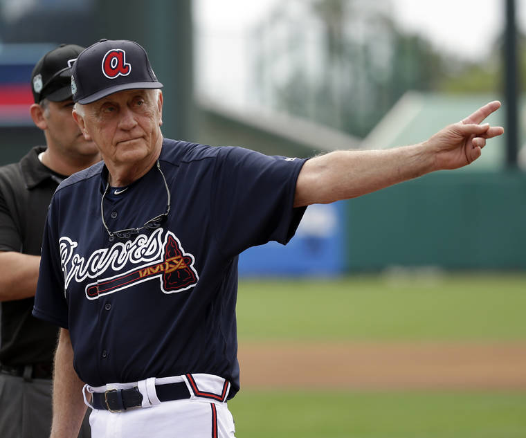 ASSOCIATED PRESS / MARCH 13, 2017
                                Former MLB pitcher and Baseball Hall of Famer Phil Niekro waves to fans after he was introduced before a spring training baseball game between the Atlanta Braves and the Pittsburgh Pirates in Kissimmee, Fla., in 2017.