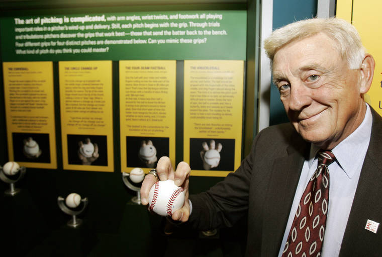 ASSOCIATED PRESS / MARCH 29, 2007
                                Baseball Hall of Famer Phil Niekro holds a knuckleball at the Great Lakes Science Center in Cleveland in 2017. Niekro has died after a long fight with cancer, the team announced today.