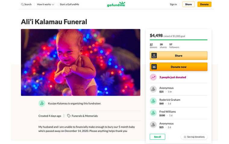 COURTESY GOFUNDME.COM
                                A screenshot of the <a href="https://www.gofundme.com/f/alii-kalamau-funeral" target="_blank">GoFundMe.com page</a> to raise money to pay for the infant’s funeral.