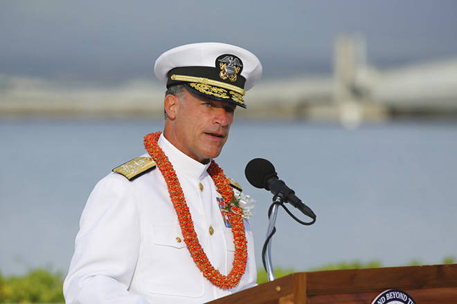 CALEB JONES / ASSOCIATED PRESS
                                U.S. Navy Commander, U.S. Pacific Fleet, Adm. John Aquilino speaks during a ceremony to mark the 79th anniversary of the attack on Pearl Harbor.