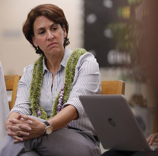 JAMM AQUINO / JUNE 24, 2019
                                Hawaii schools superintendent Christina Kishimoto, seen here listening to public testimony during a 2019 community meeting in Wahiawa, has informed public school teachers and employees of her plan for furloughs starting next month.