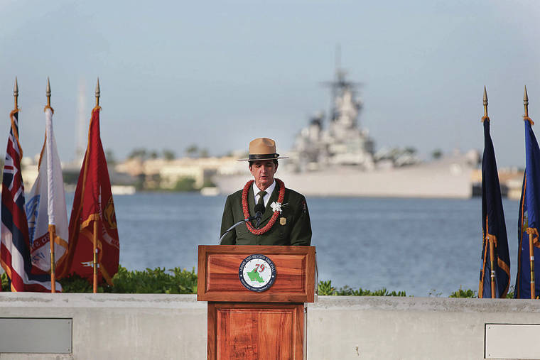 ASSOCIATED PRESS 
                                Superintendent of Pearl Harbor National Memorial Scott Burch, spoke during the ceremony.