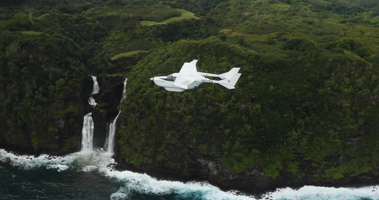 COURTESY AMPAIRE
                                An Ampaire Electric EEL aircraft over Maui.