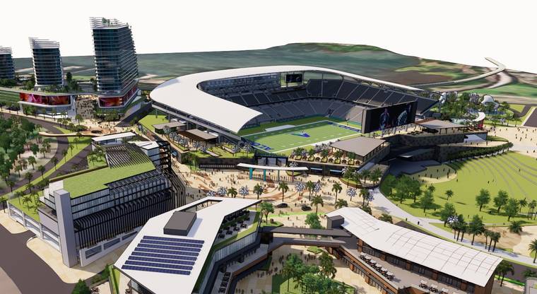 COURTESY CRAWFORD ARCHITECTS
                                A conceptual view of the new Aloha Stadium within the proposed entertainment district.